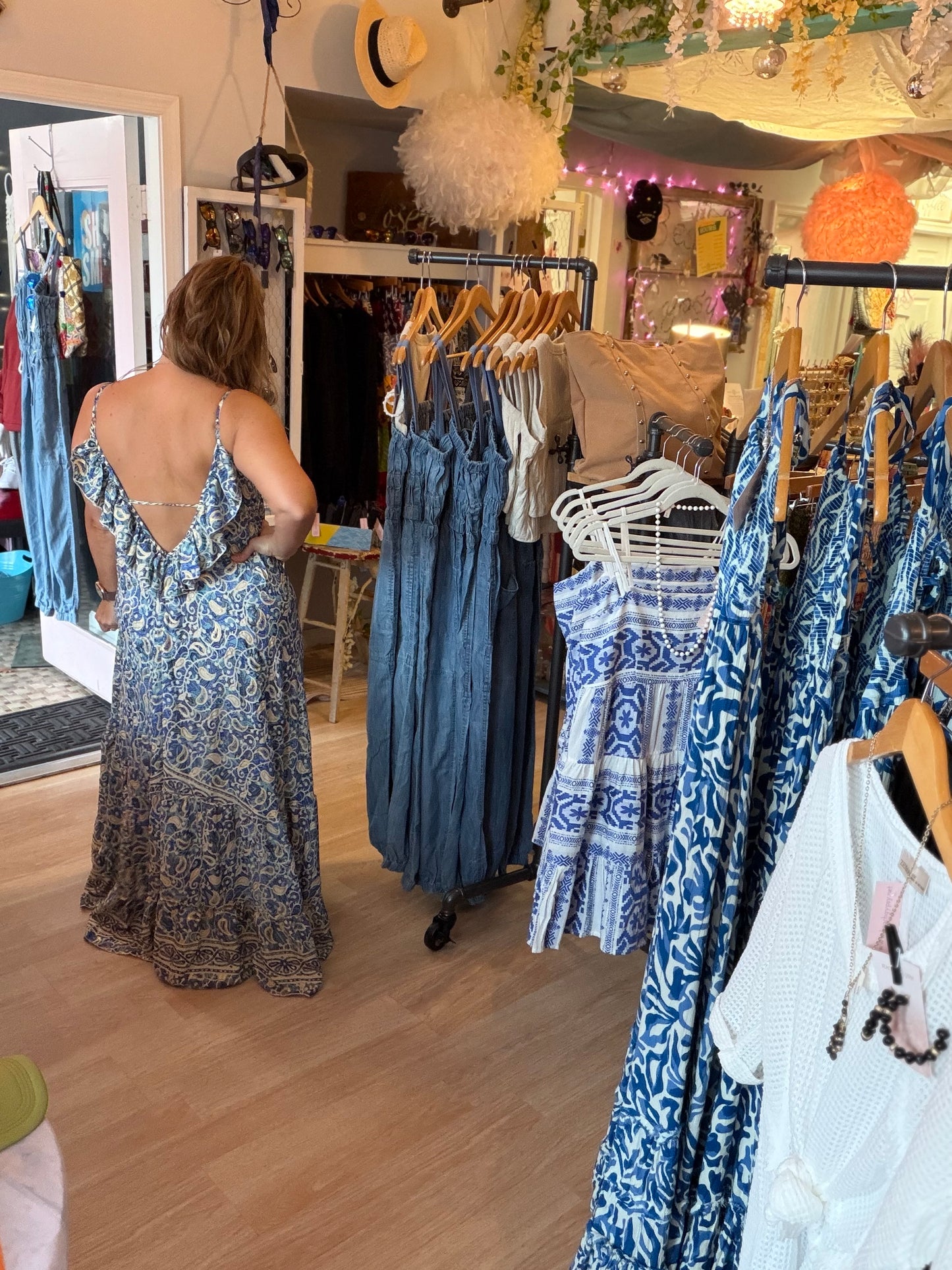 Woman wearing Contessa Open Back Maxi Dress