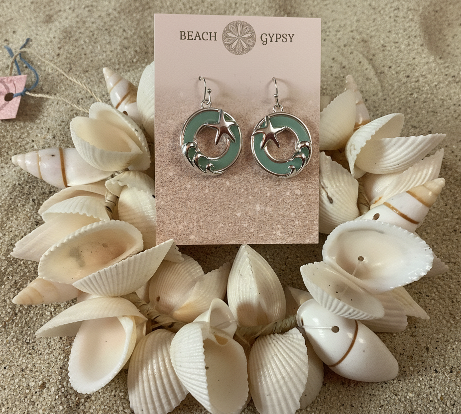 Starfish and wave round earrings with sea glass
