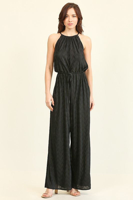 Textured Satin Halter Jumpsuit