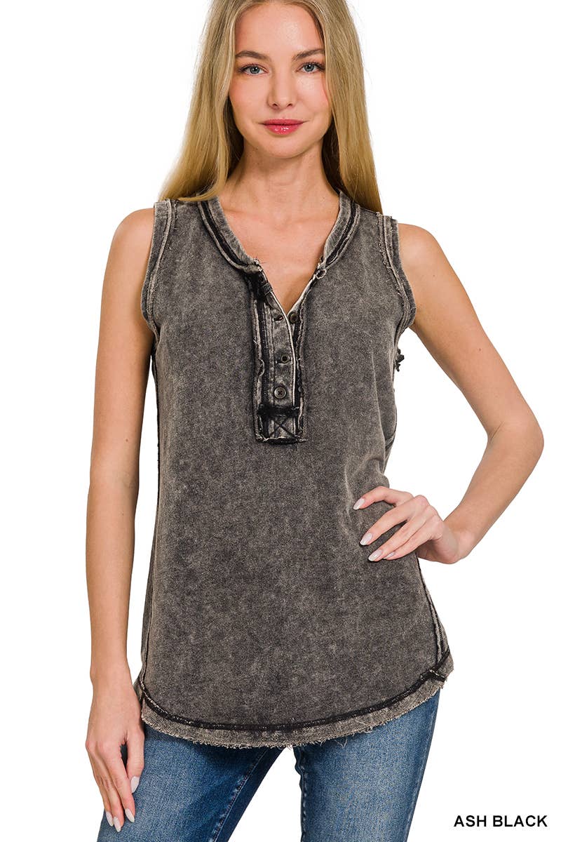 Washed Half Button Raw Edge Henley Top