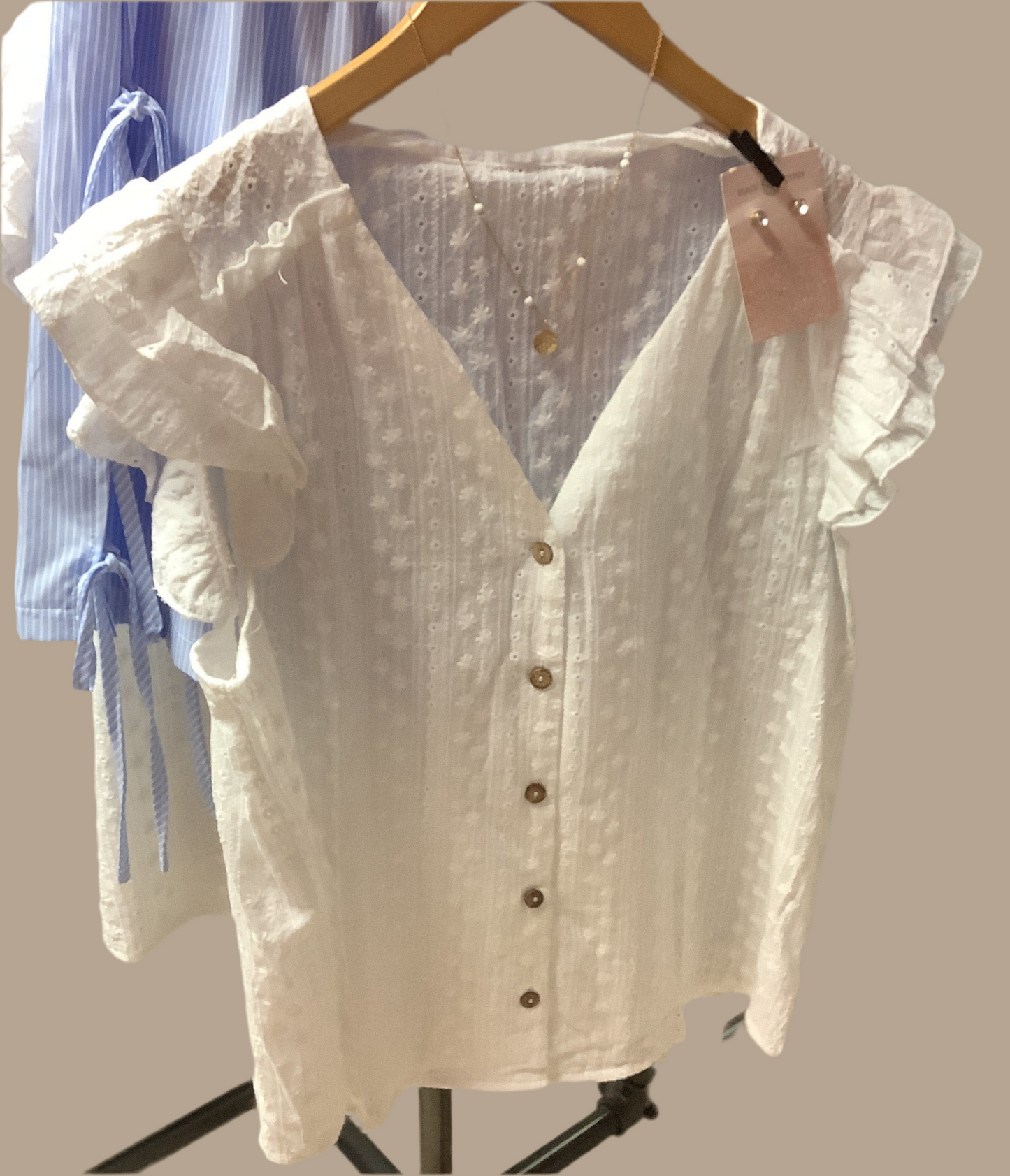 Button Down Embroidered Ruffle Top