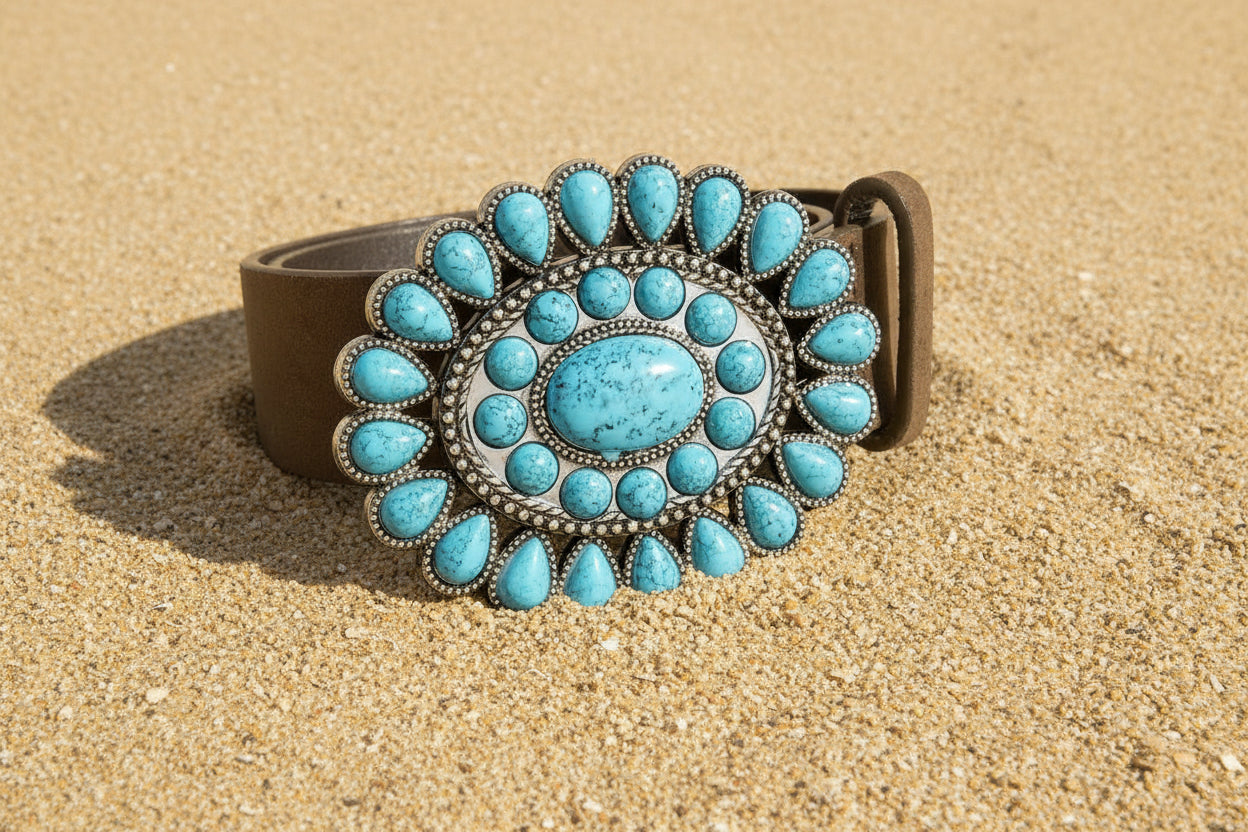 Belt with a turquoise stone buckle on a sandy background