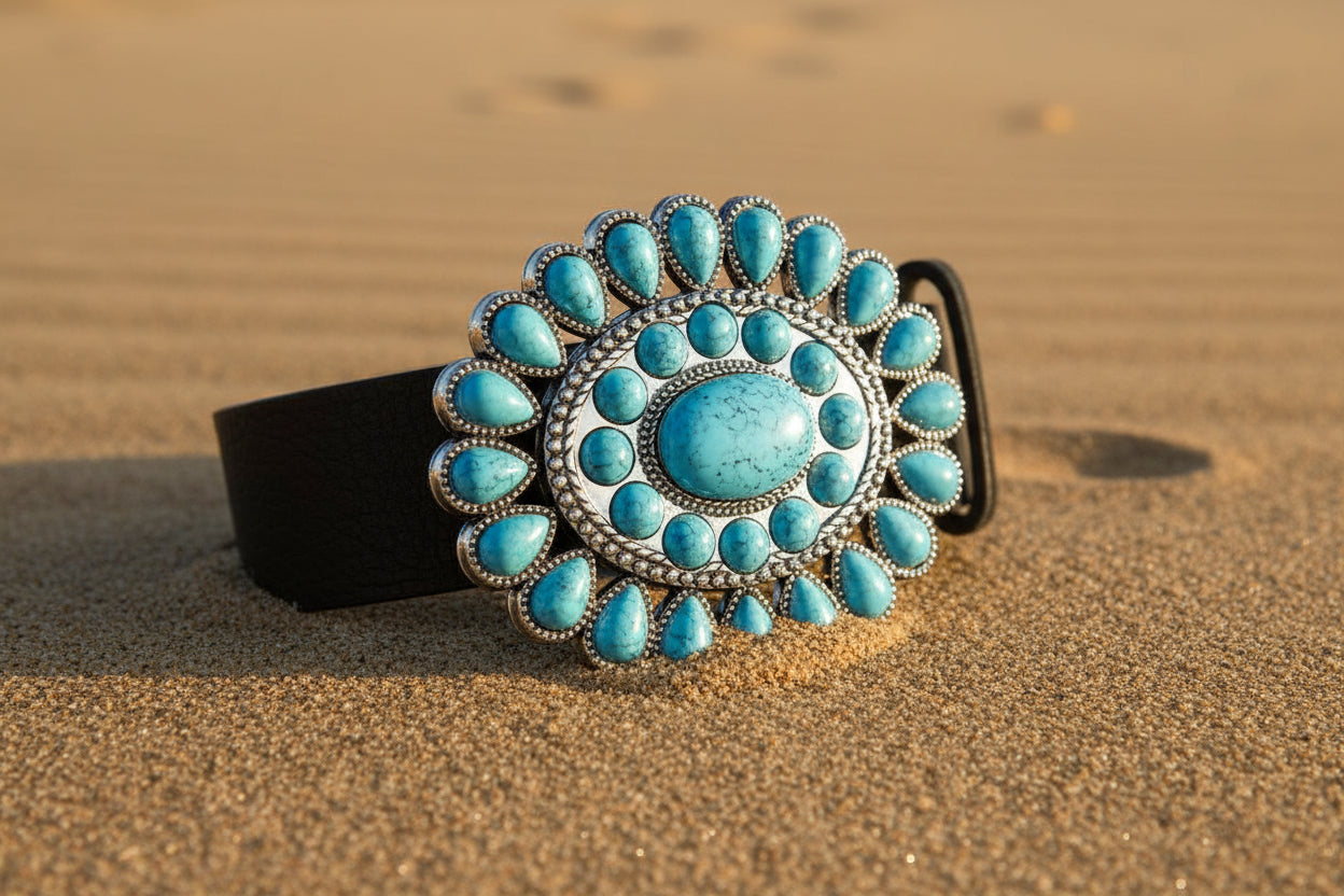 Belt with turquoise stone buckle on a beige background
