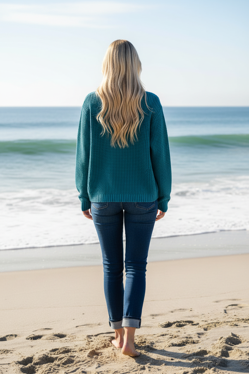 A woman with long blonde hair stands on a sandy beach facing the ocean, wearing a teal knit sweater and dark blue jeans.