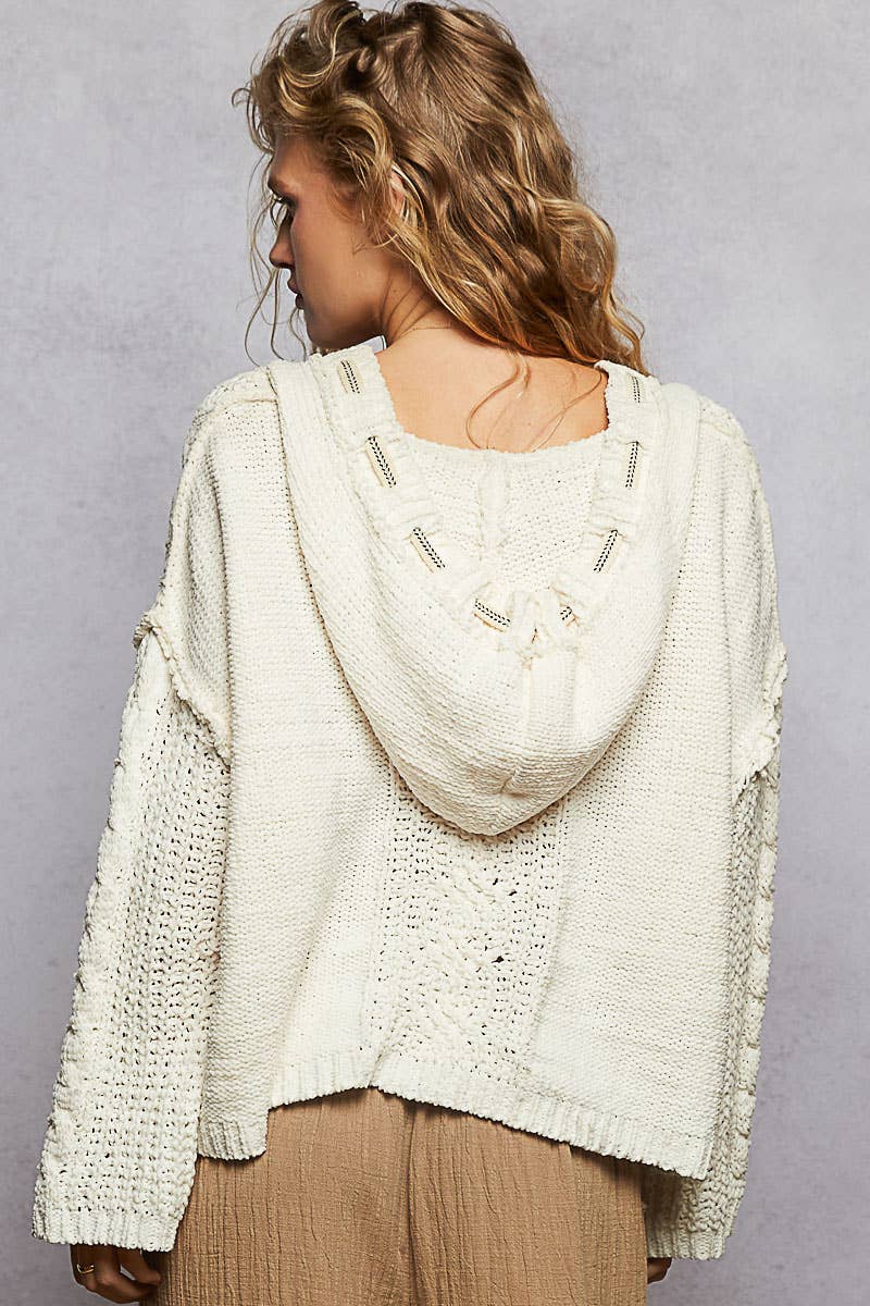V-neck hoodie cable knit sweater