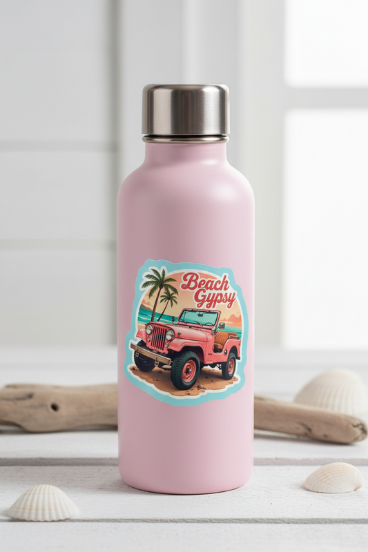 Pink water bottle with pink jeep with beach gypsy logo on it