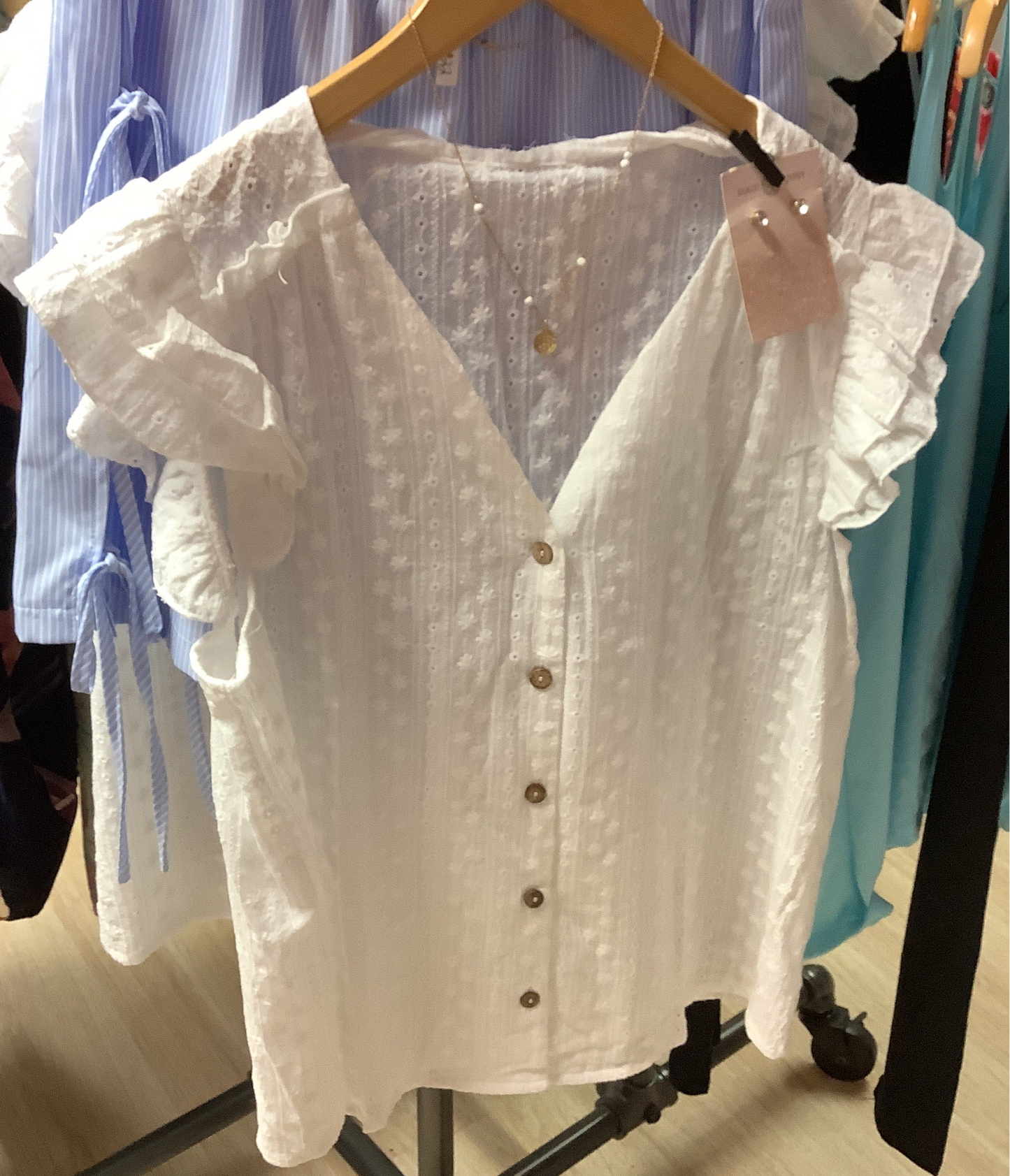 Button Down Embroidered Ruffle Top