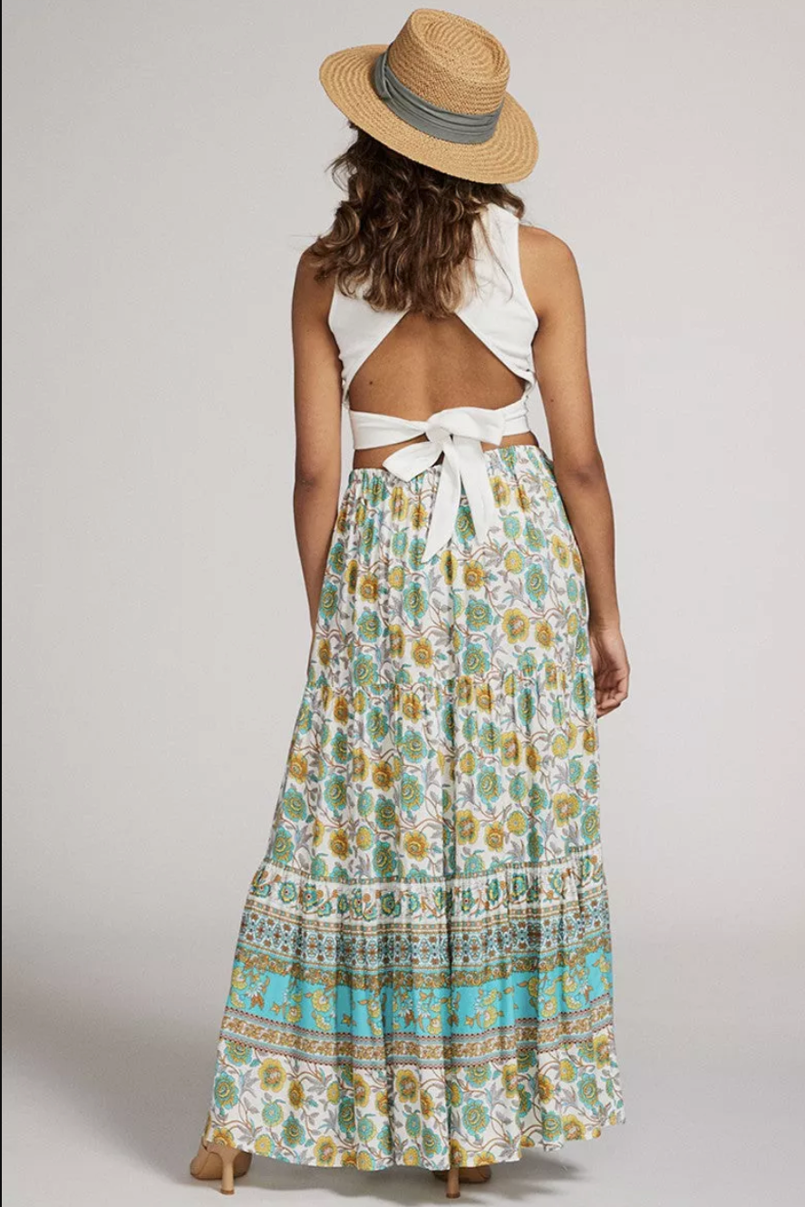 Woman wearing Colette printed Maxi Skirt