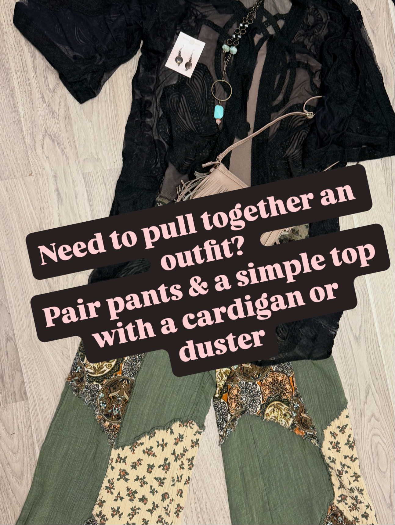Black lace long cardigan with patterned pants