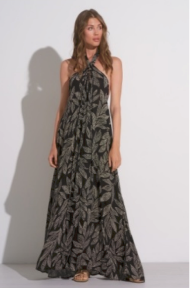 Black Frond Print Halter Maxi Dress