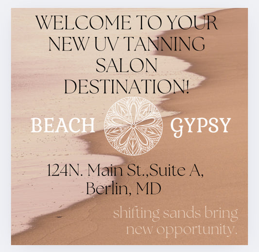 A welcome sign for Beach Gypsy UV tanning salon, in Berlin MD near Ocean City