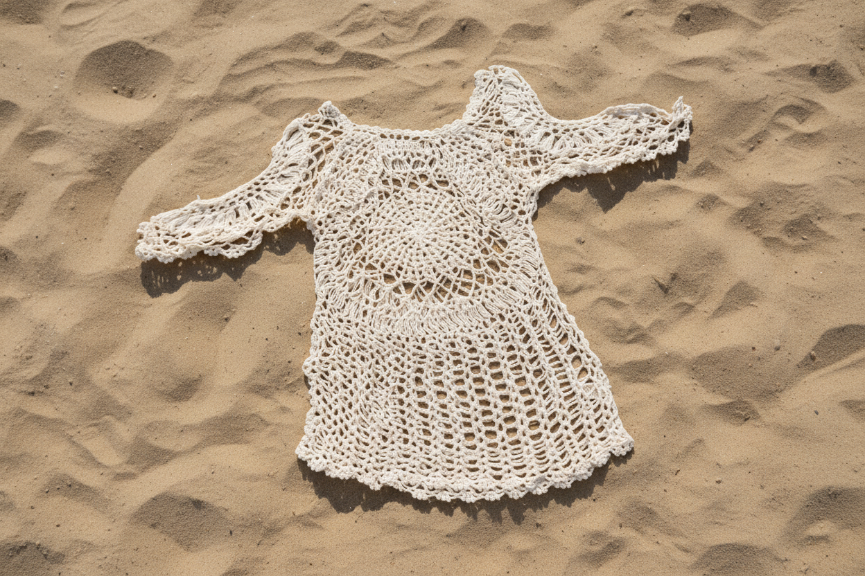Handmade crochet dress on a sandy surface