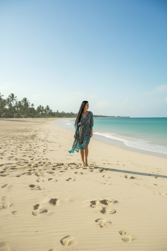 Woman in a blue poncho dress standing on a sandy beach with clear blue sky and ocean.