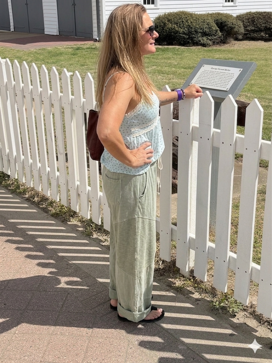 Woman reading an informational sign outdoors near a white picket fence wearing contrast culotte pants