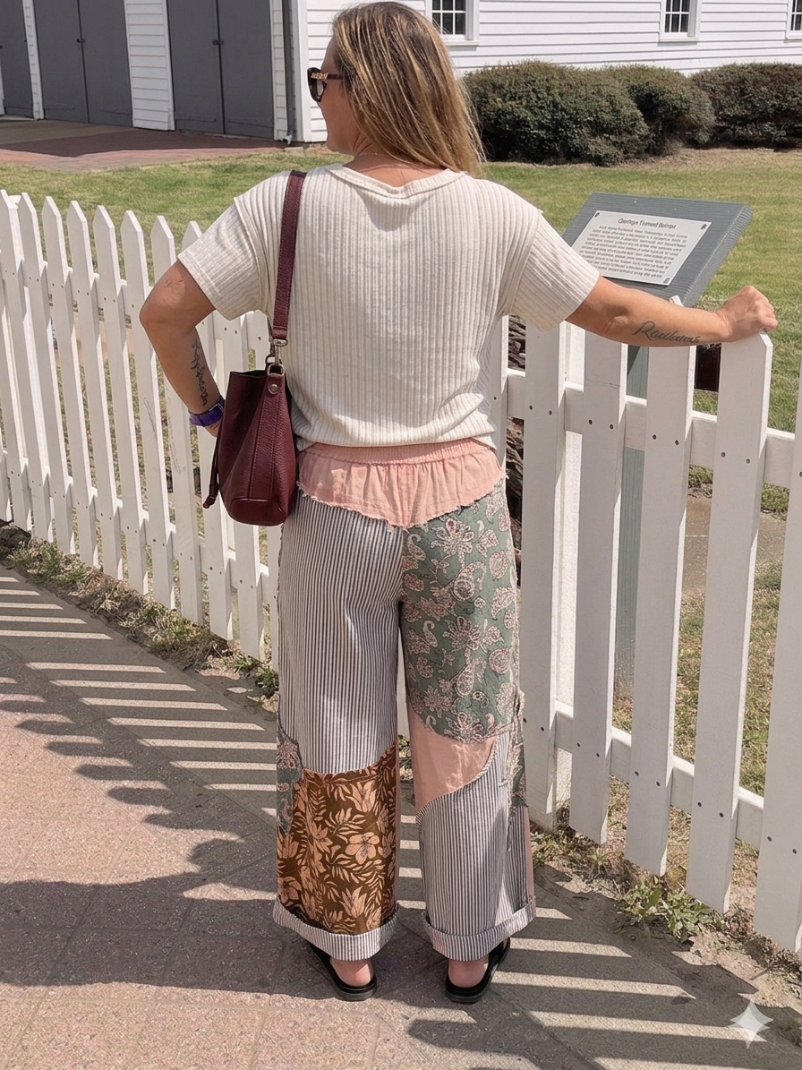 Woman standing by a white picket fence with a house in the background