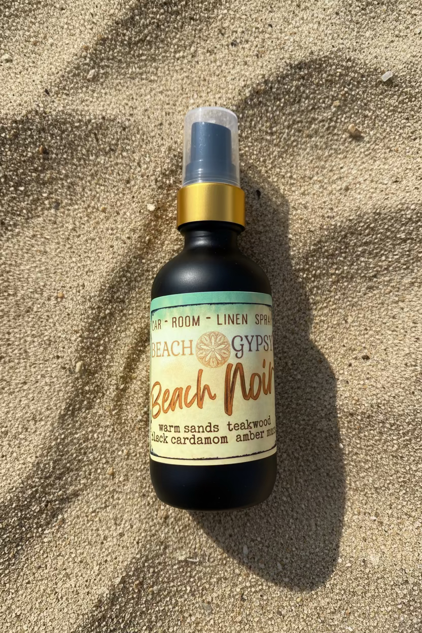 Glass bottle of room spray Beach Noir in sand surface