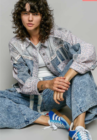Denim & Lace Patch Jacket Top, Denim Multi