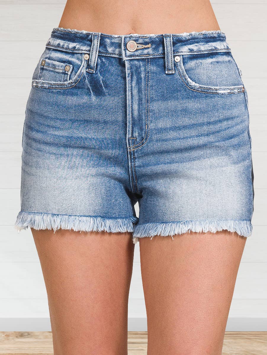 Mid Rise Raw Frayed Hem Denim Shorts