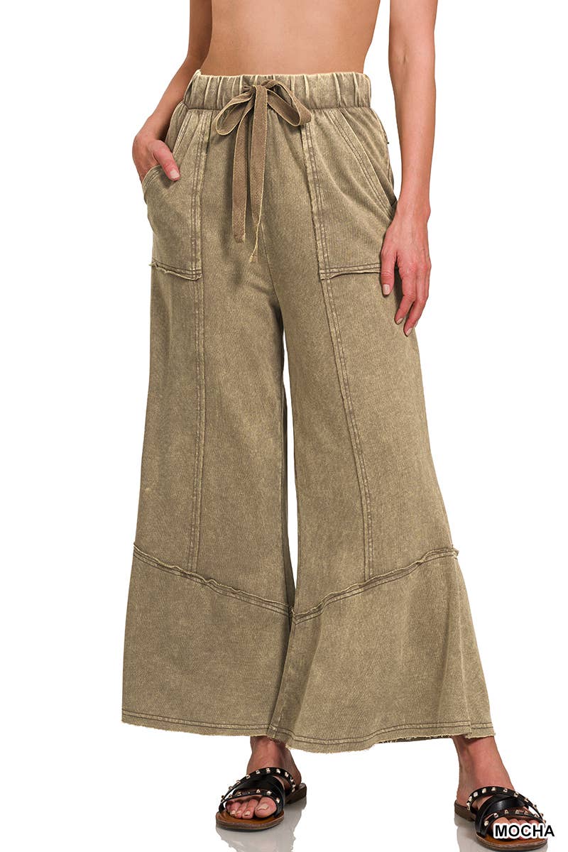 Mocha-colored wide-leg pants with a drawstring waist on a white background