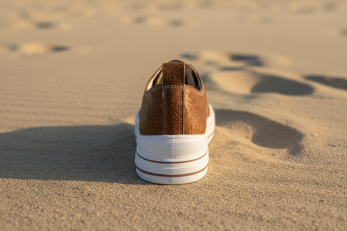 Brown faux-leather slip-on shoe with embossed floral pattern and thick white rubber sole, shown from the back on a sand background.