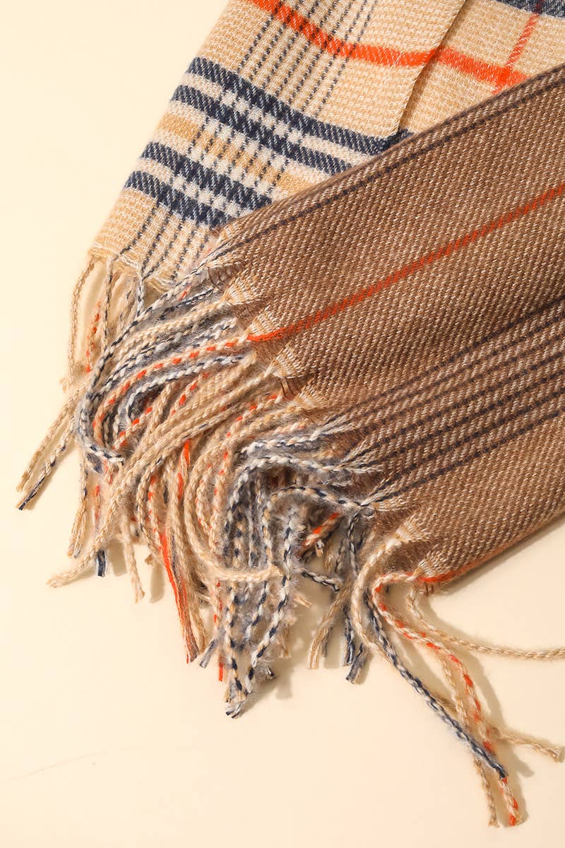 Plaid fabric with fringes on a beige background
