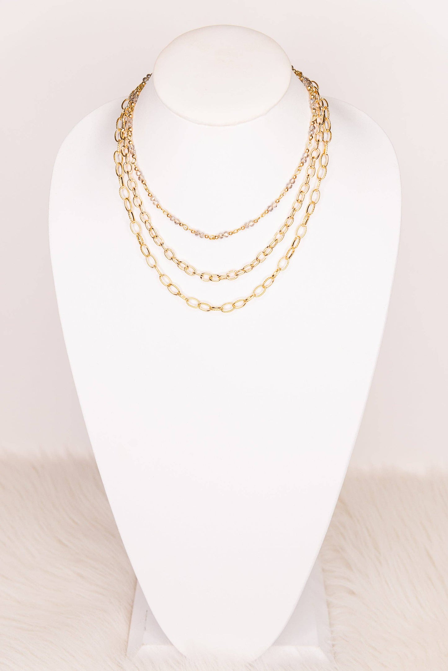 Cybil Gold Layered Necklace — Three-Strand Beaded & Chain Link Set