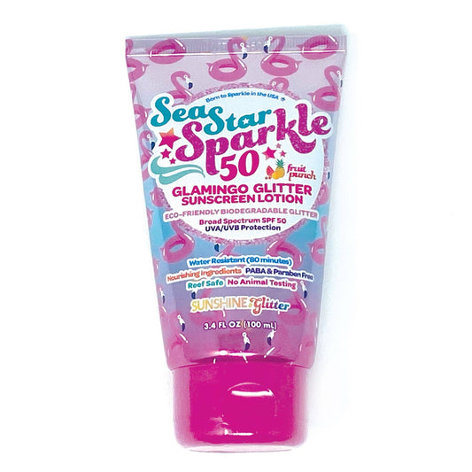 Sea Star Sparkle sunscreen lotion with pink and purple design on a white background