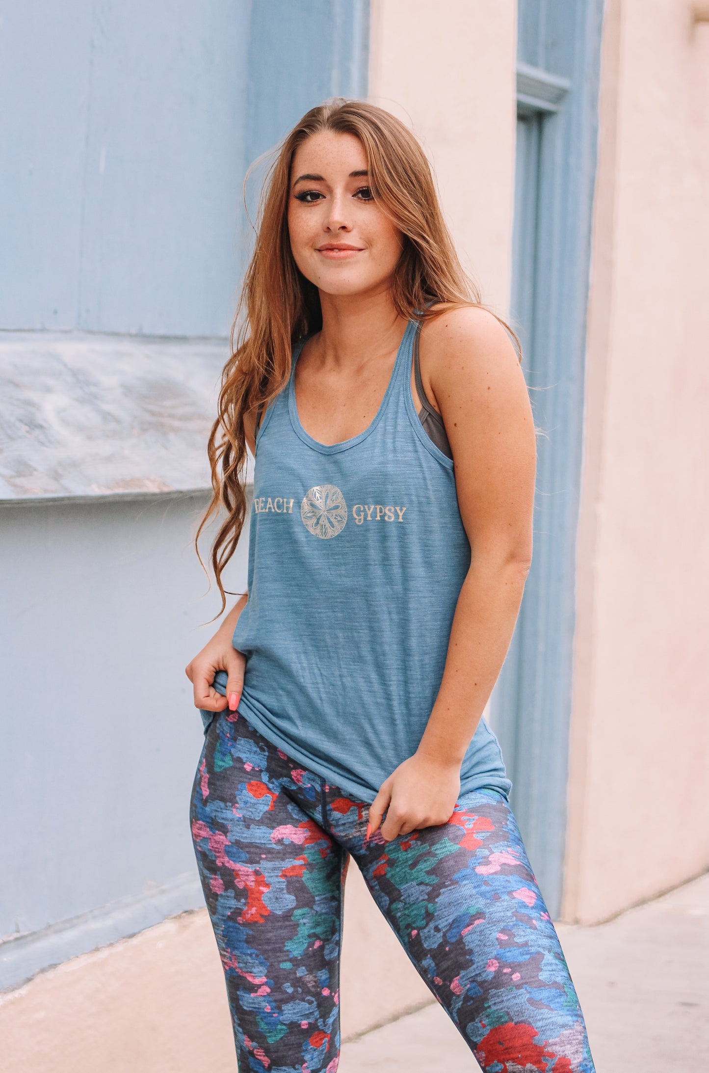 blue tank top with gold Beach Gypsy logo