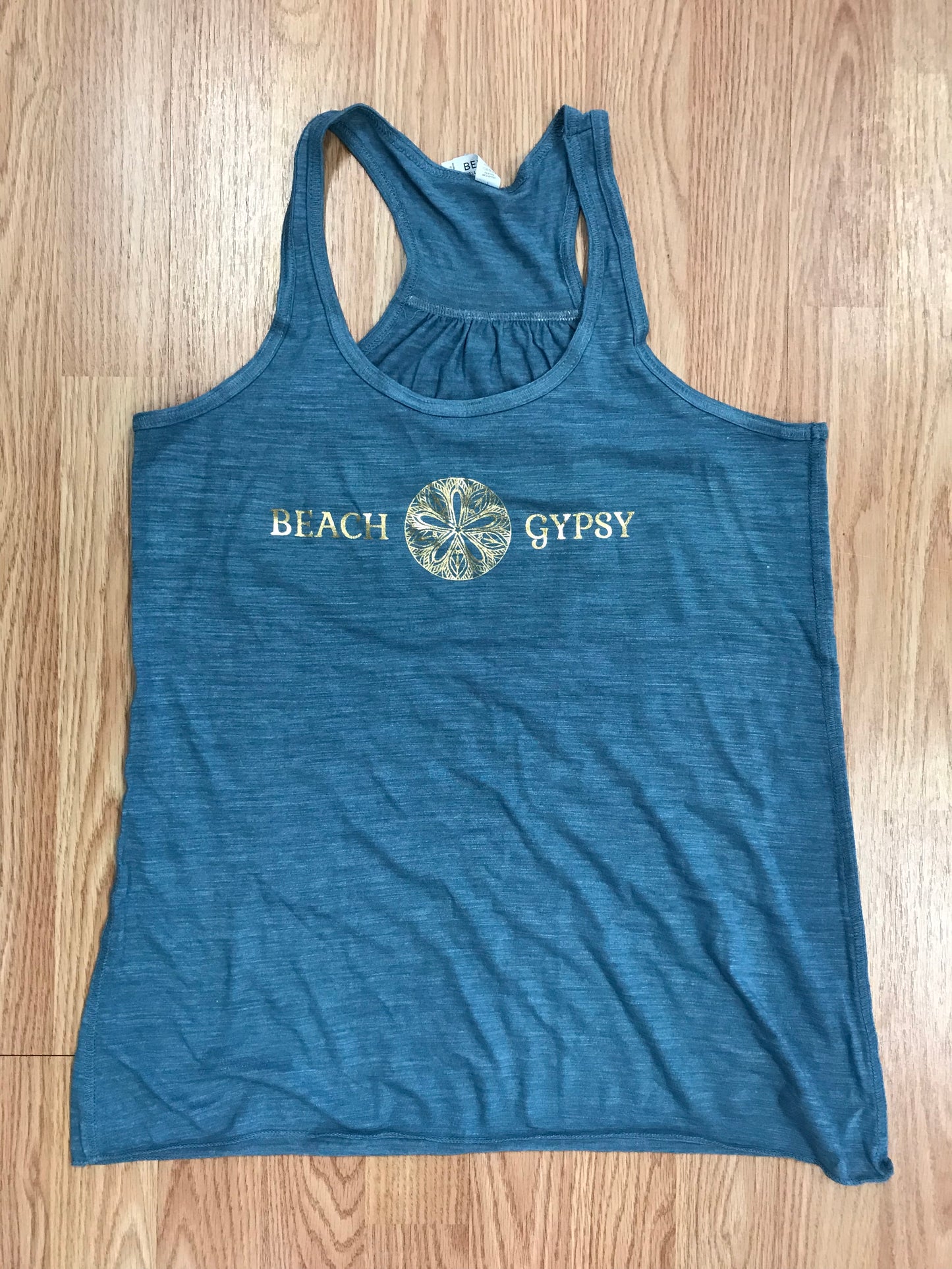 denim blue tank top with gold Beach Gypsy logo