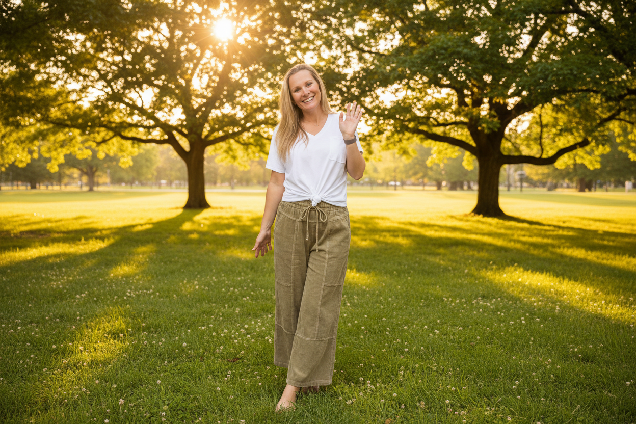 Woman wearing mocha seamed pants with white top standing in park
