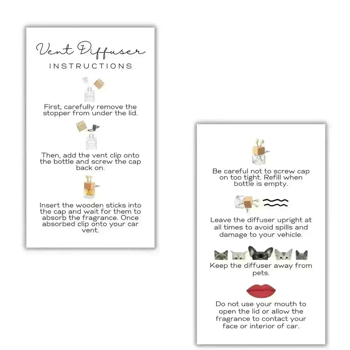 Two printed instruction cards for a vent diffuser, shown on a plain white background. One card shows how to remove the stopper, add a vent clip, and insert fragrance sticks.