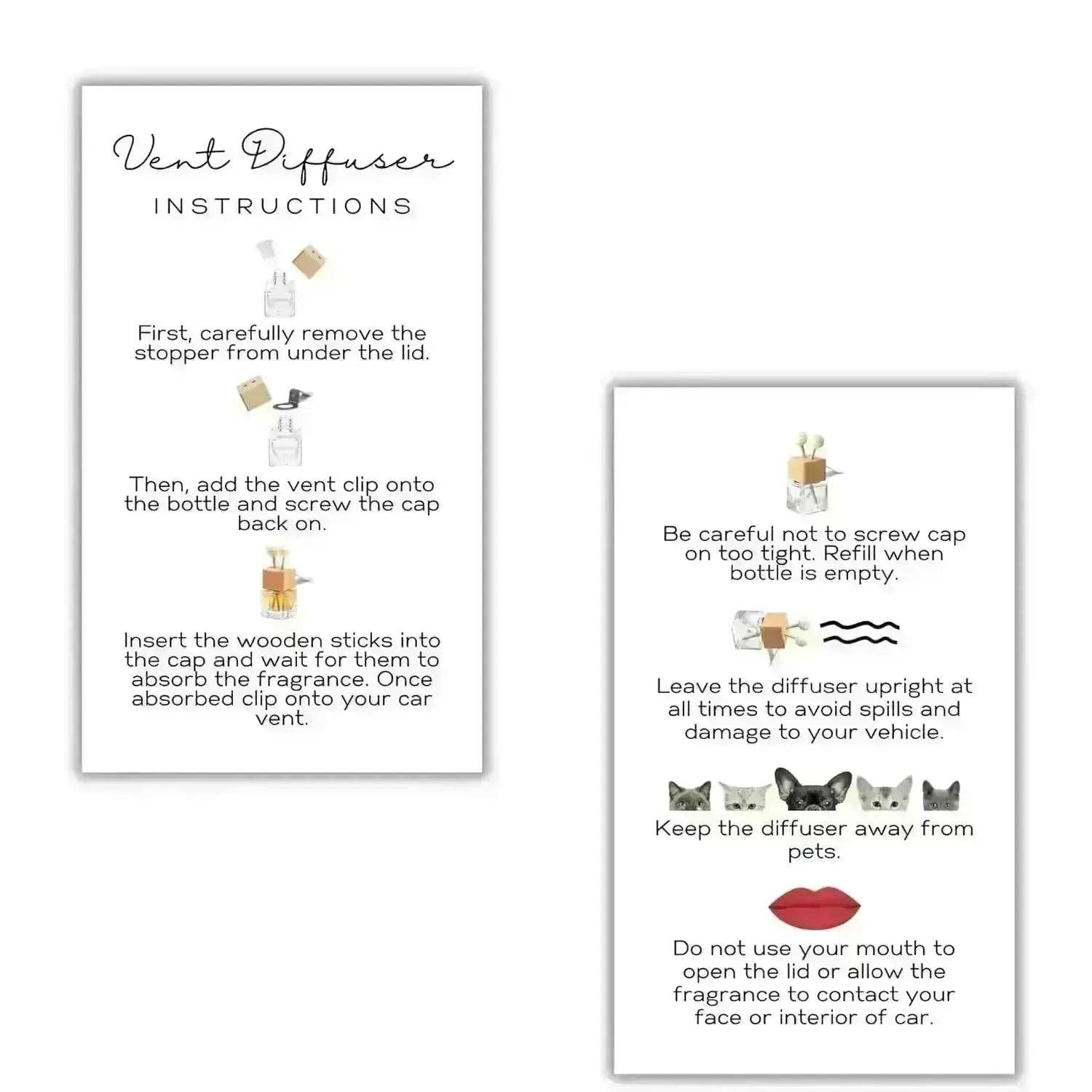 Two printed instruction cards for a vent diffuser, shown on a plain white background. One card shows how to remove the stopper, add a vent clip, and insert fragrance sticks.