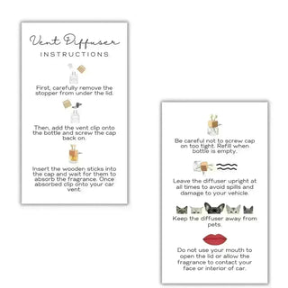 Two printed instruction cards for a vent diffuser, shown on a plain white background. One card shows how to remove the stopper, add a vent clip, and insert fragrance sticks.