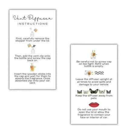 Two printed instruction cards for a vent diffuser, shown on a plain white background. One card shows how to remove the stopper, add a vent clip, and insert fragrance sticks.