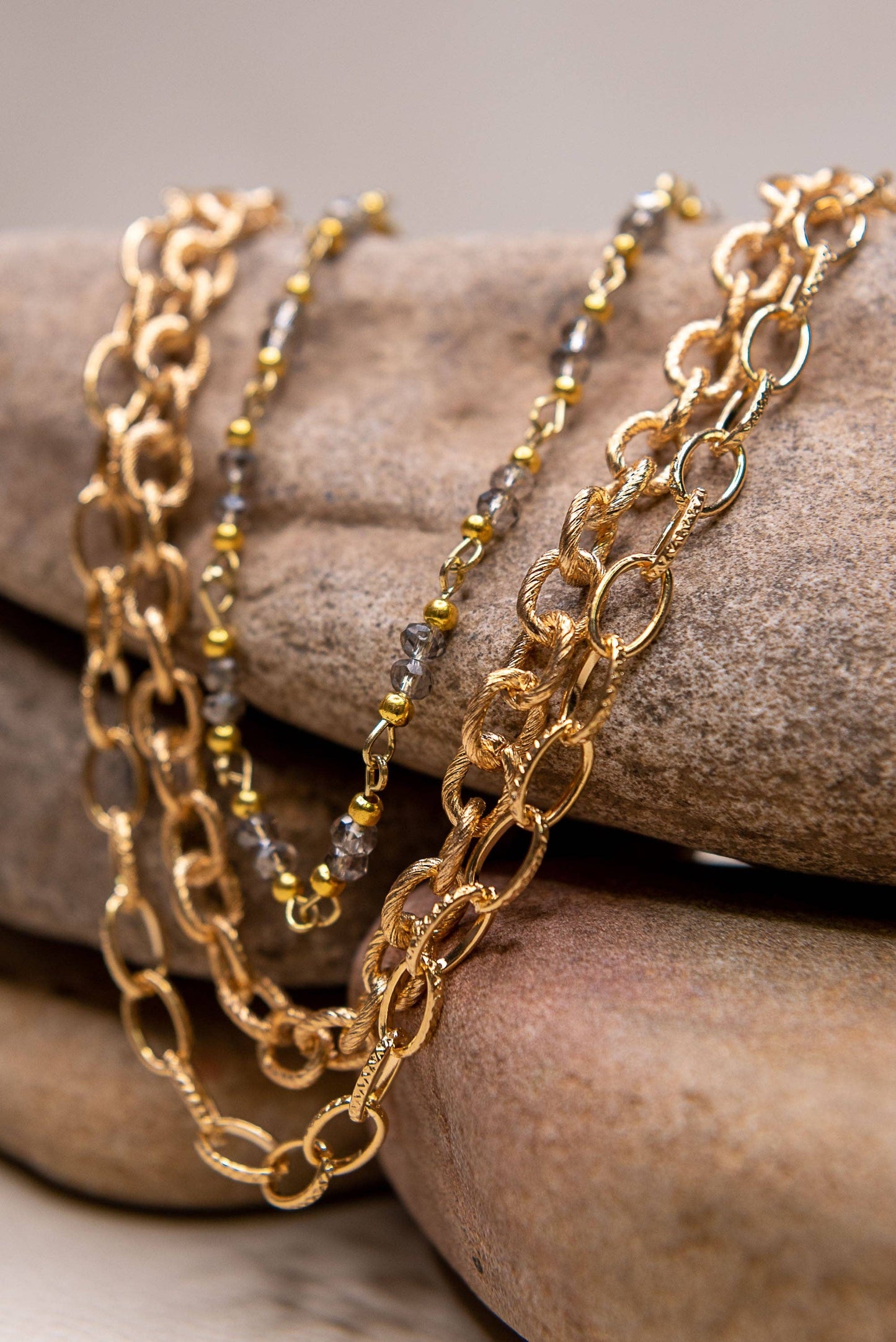 Cybil Gold Layered Necklace — Three-Strand Beaded & Chain Link Set