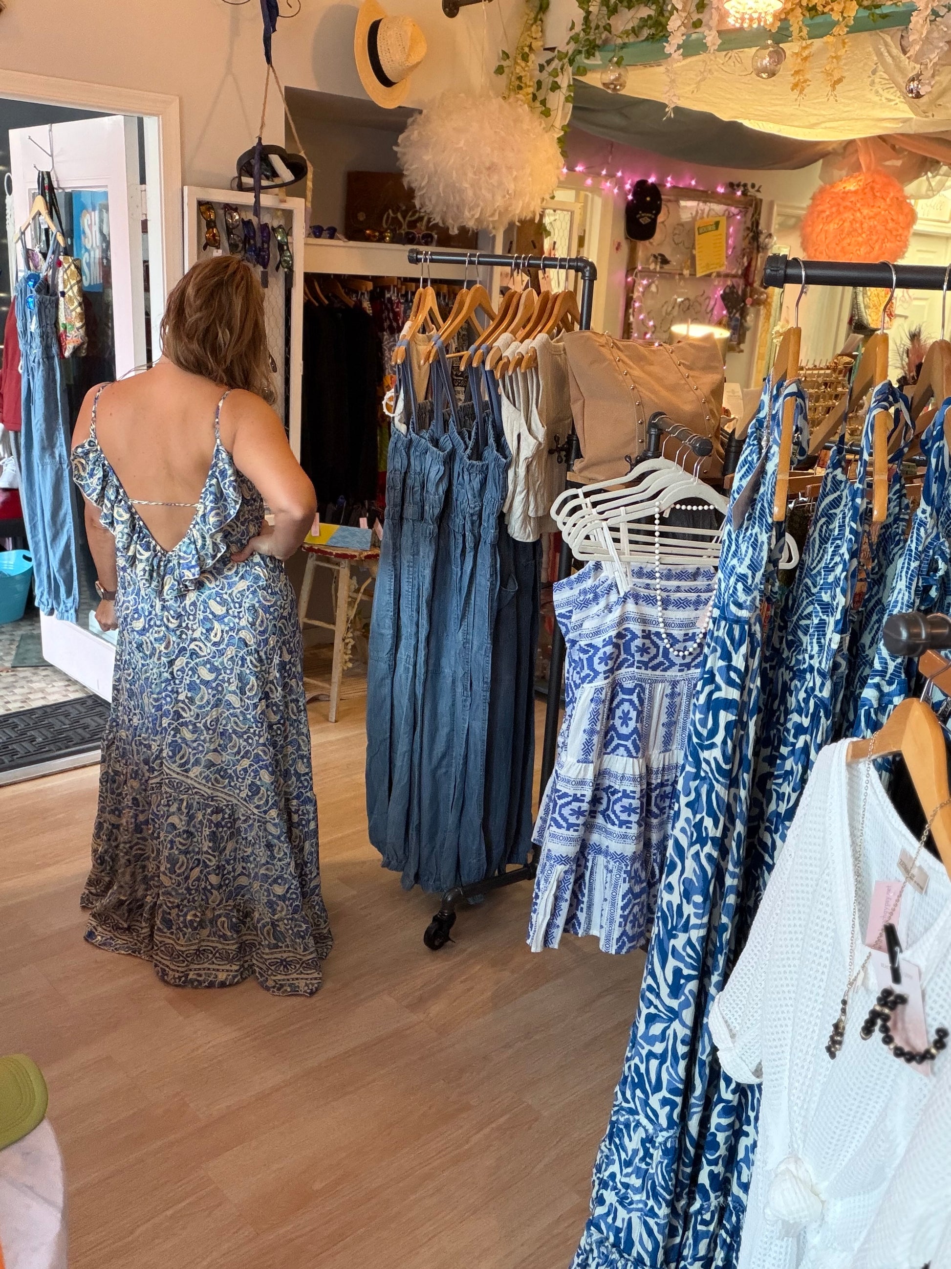 Woman wearing Contessa Open Back Maxi Dress