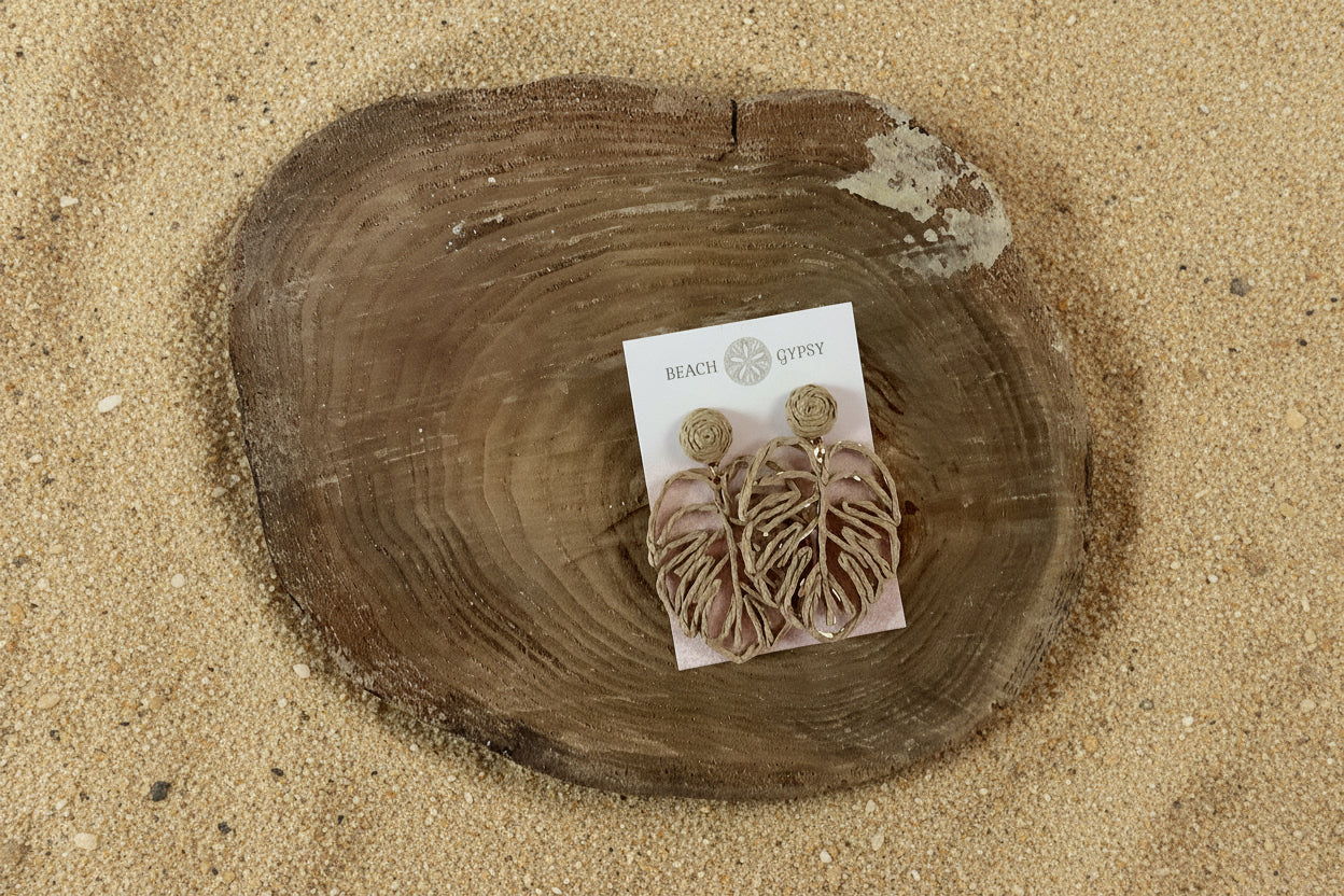Monstera Leaf Woven Rattan Earrings