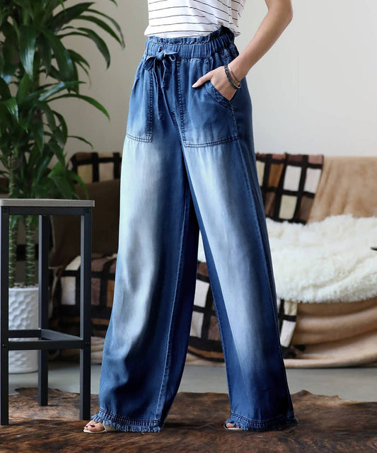 Chambray Paperbag Waist Wide Leg Pants With Pockets