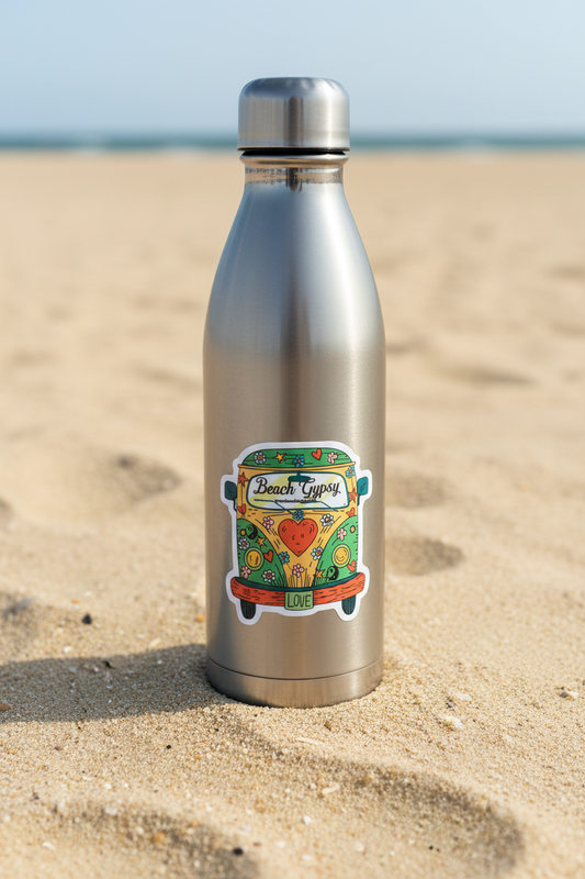 Beach Gypsy van sticker on a metal water bottle on a beach background 