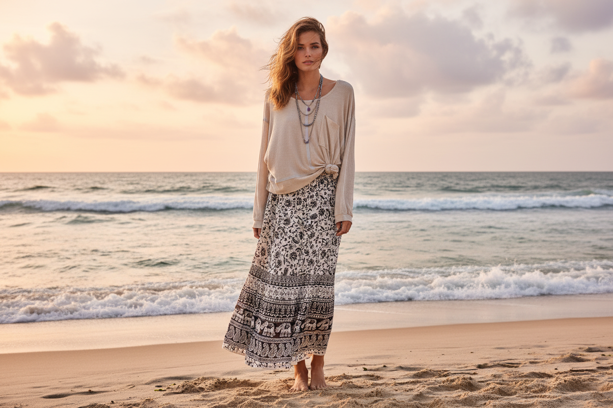 Woman standing on beach wearing a black and white elephant print skirt and a long sleeve cream top. 