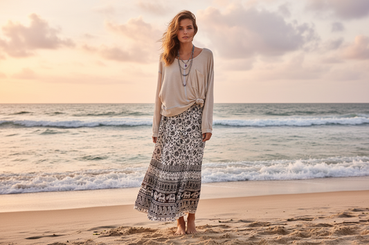 Woman standing on beach wearing a black and white elephant print skirt and a long sleeve cream top. 