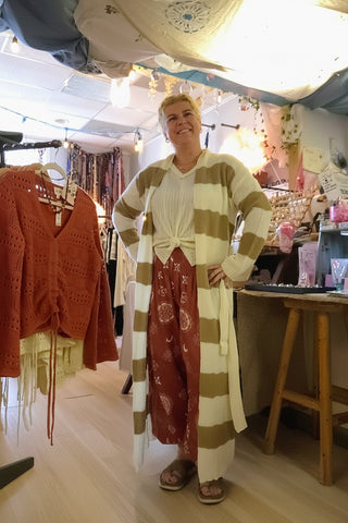 Cream and mocha striped long open cardigan with pockets.