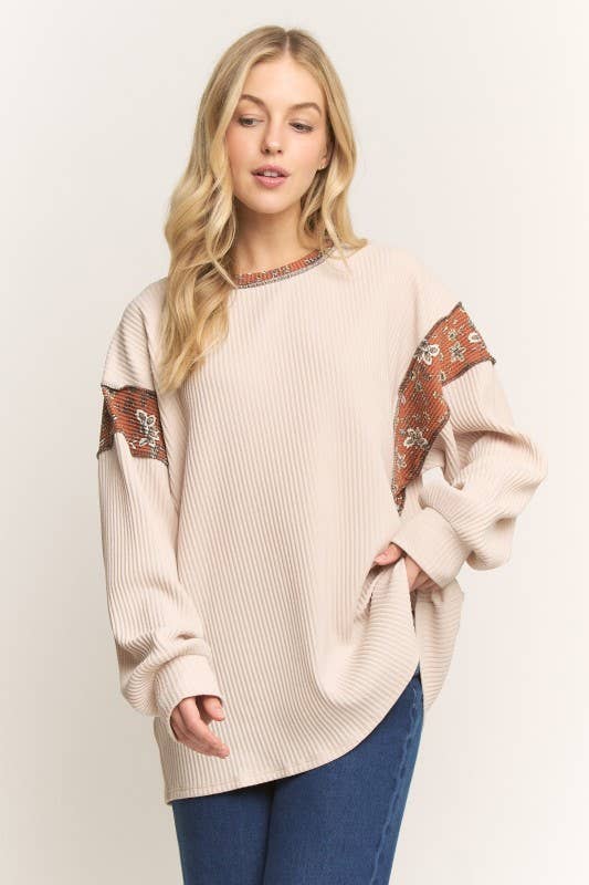 Desert Rose Contrast Sleeve Ribbed Top