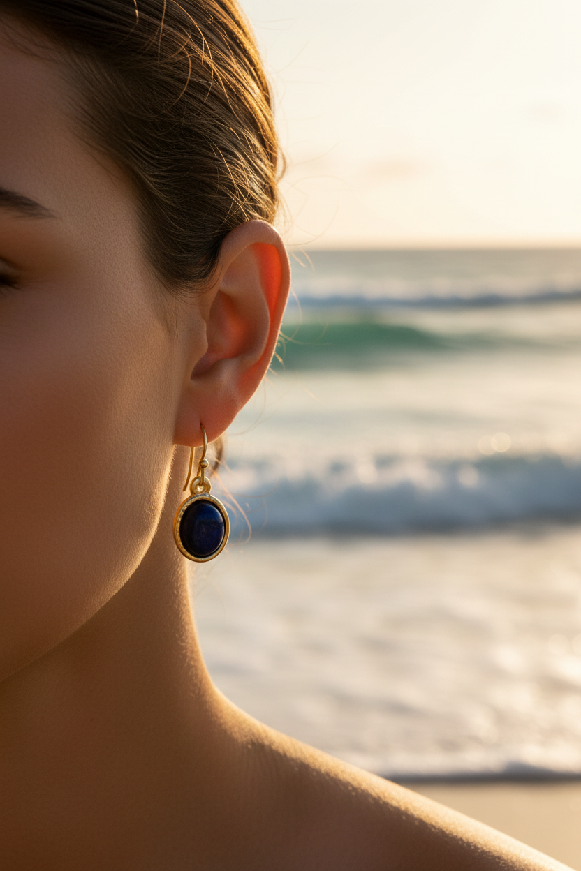 Blue stone dangling earrings on model on beach background 