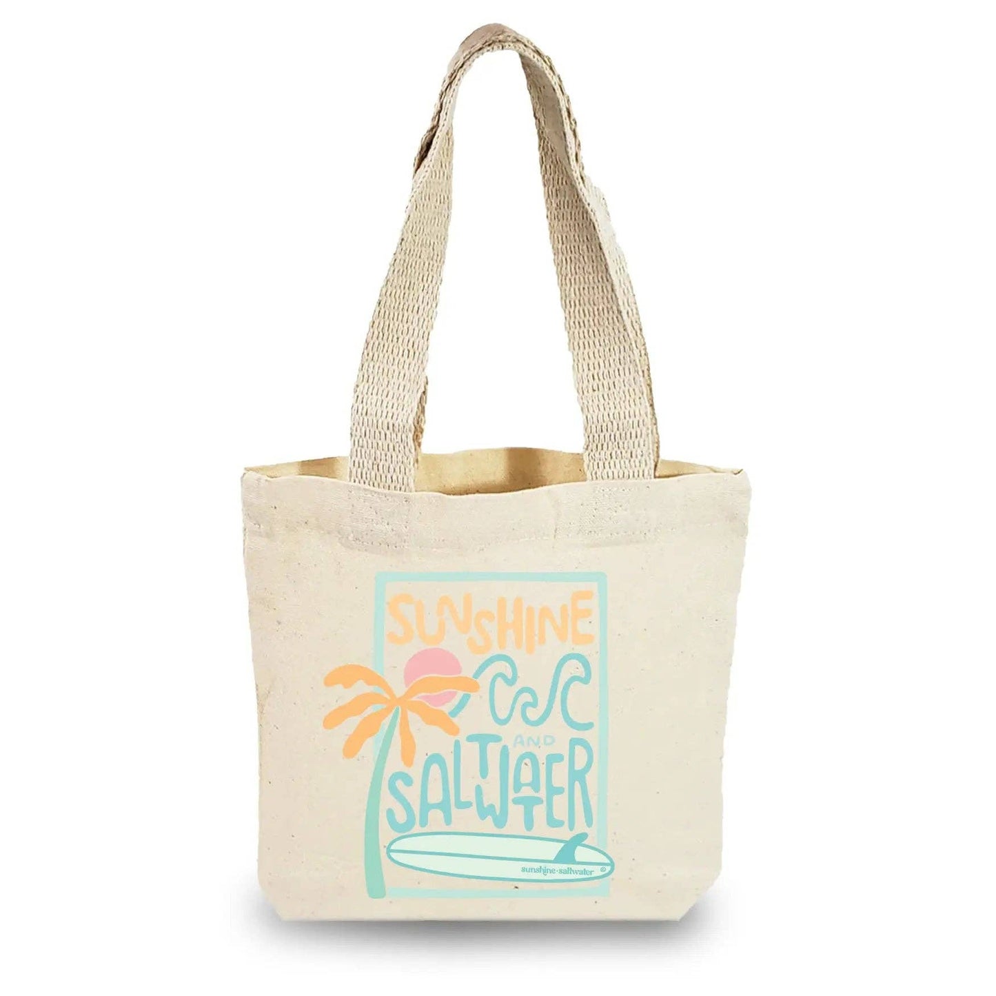 sunshine & saltwater with wave printed onto canvas bag with handle straps