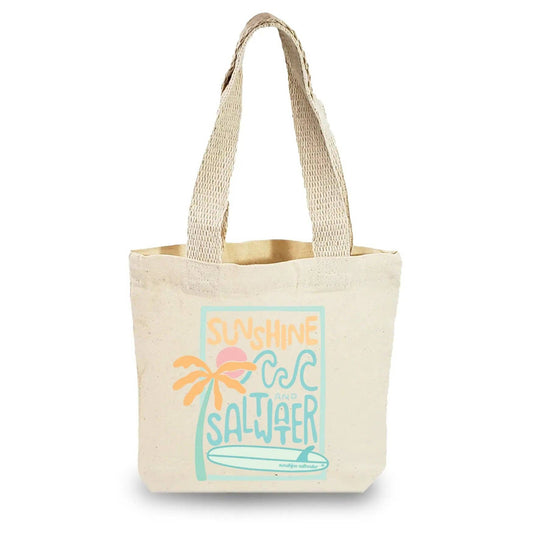 sunshine & saltwater with wave printed onto canvas bag with handle straps
