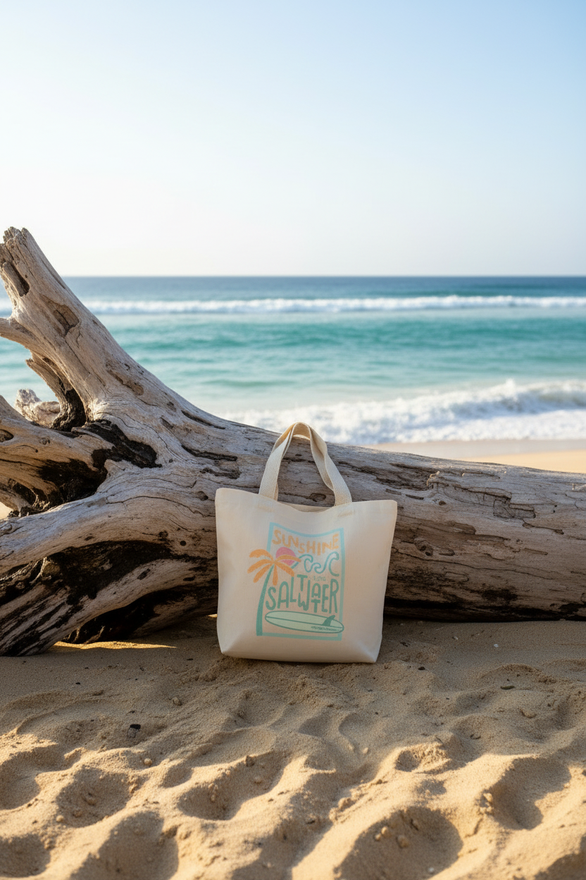 beach bag with Sunshine & Saltwater printed on it tree branch on a beach setting with waves in background