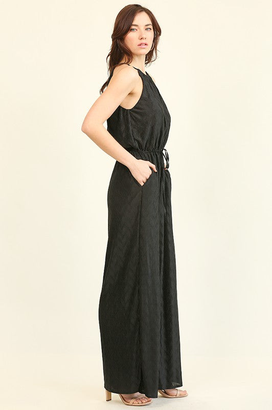 Textured Satin Halter Jumpsuit
