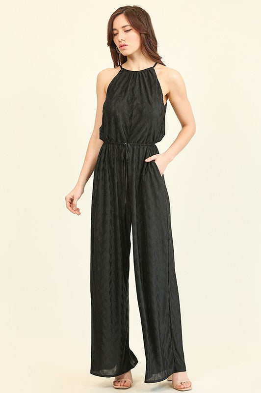 Textured Satin Halter Jumpsuit