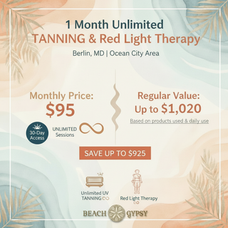 Advertisement for 1 Month Unlimited Tanning & Red Light Therapy offer at Beach Gypsy in Berlin MD near Ocean City